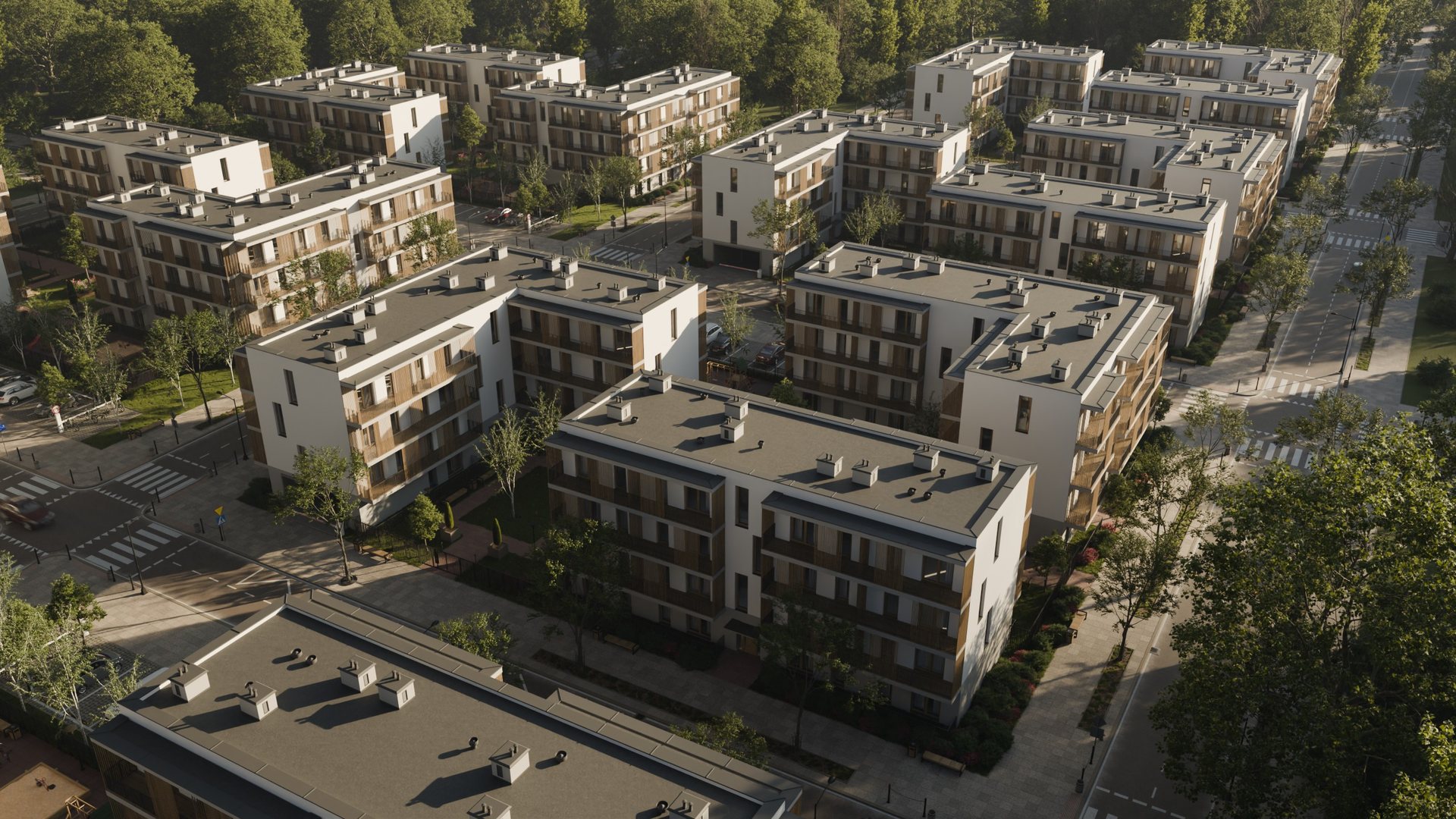 Buildings A, B and C of Forest Residence from above, around their courtyard