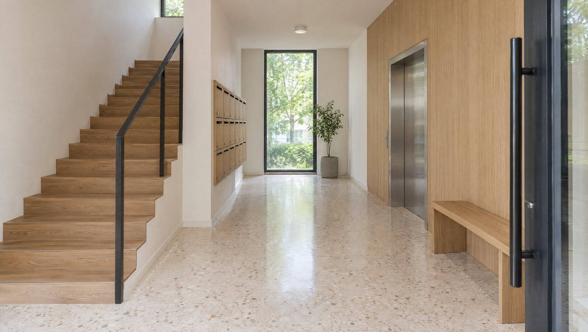 The entrance hall with a terrazzo floor, an oak stair and oak mailboxes