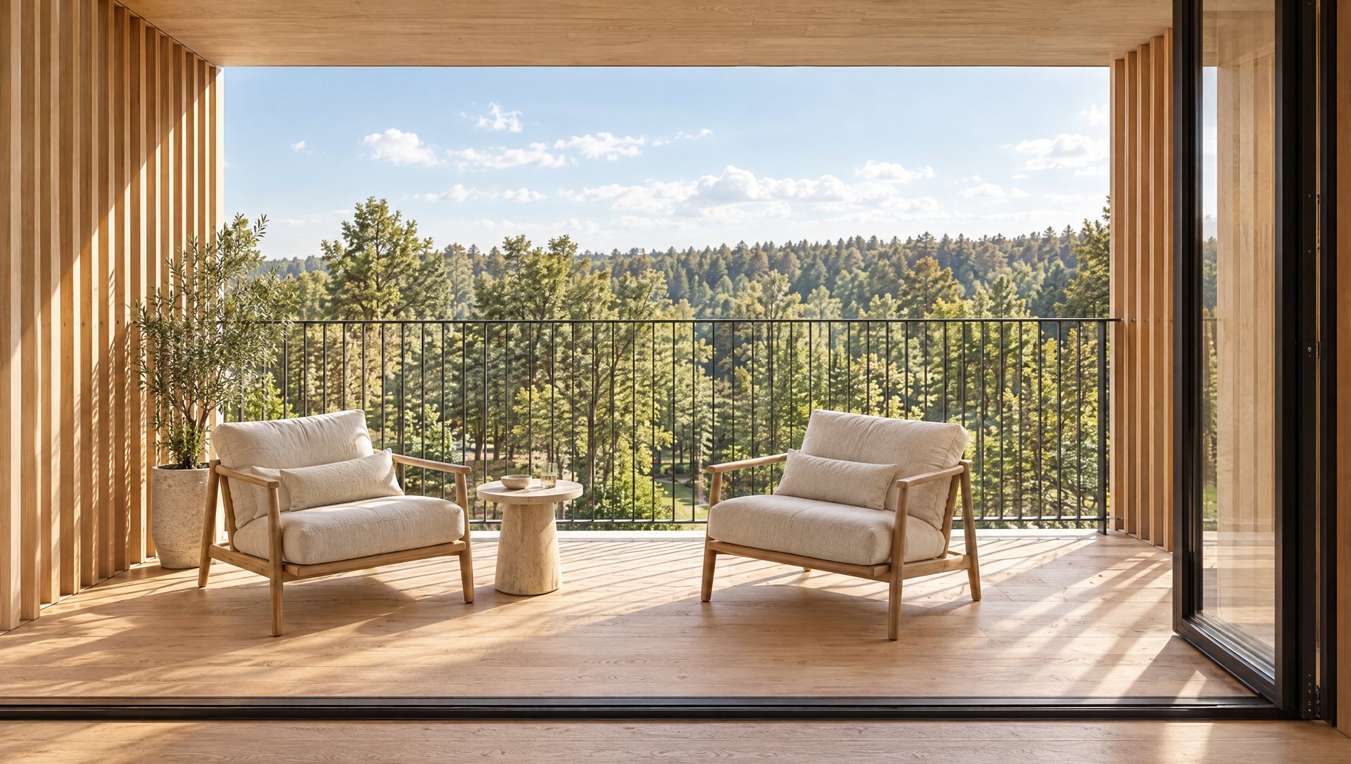 On the loggia: two lounge chairs, wooden screens and the forest beyond the railing