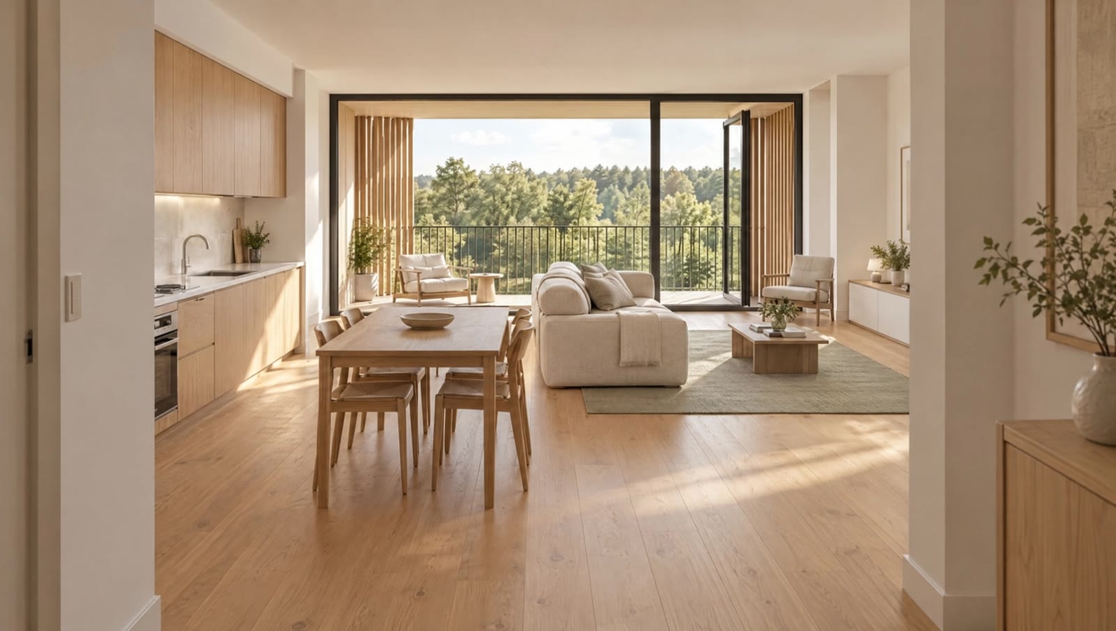 Open-plan living room with a kitchen, dining table and sofa, and a wall of glass onto the loggia