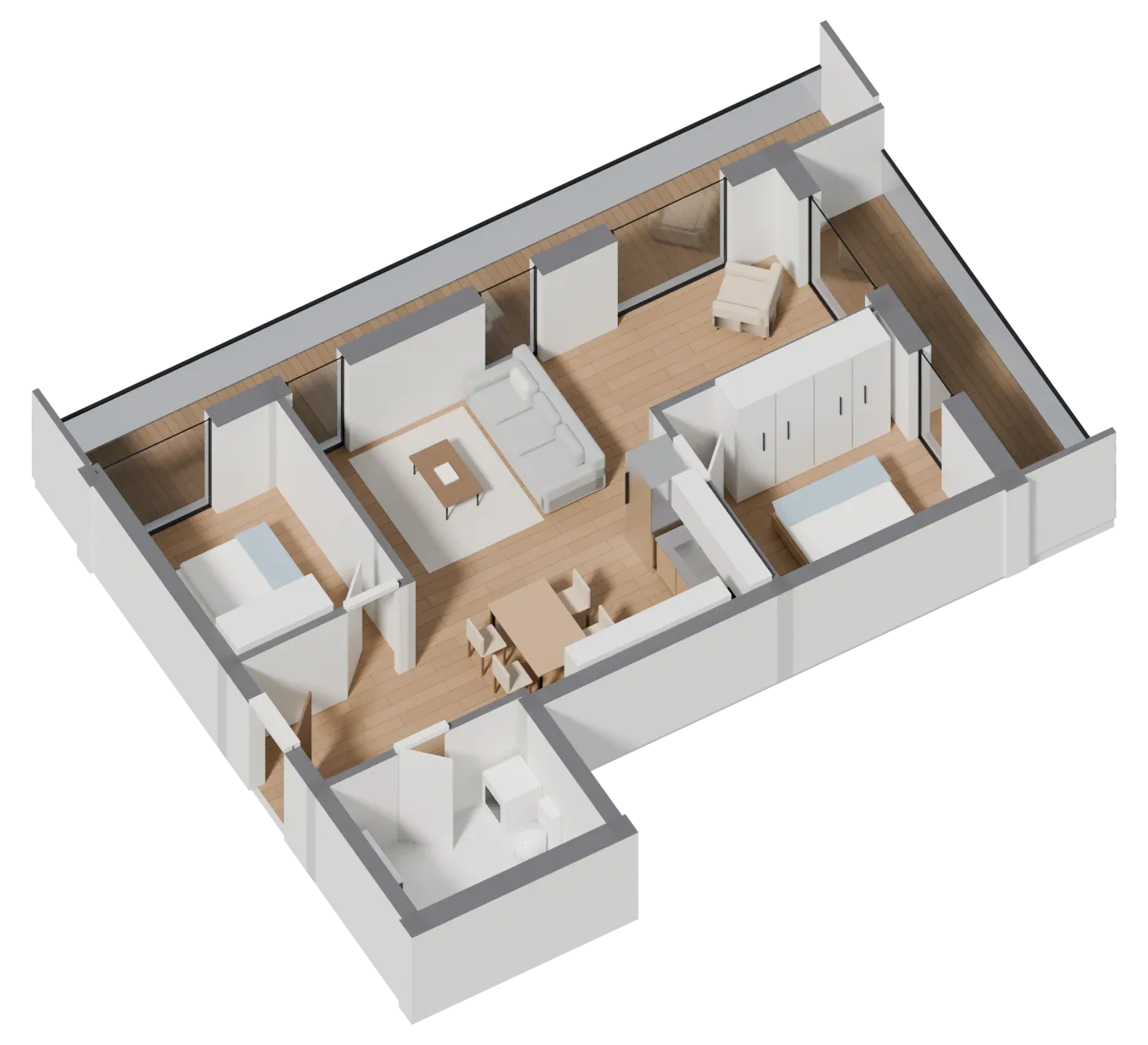 3D plan of a 2+1 apartment of 67 m² with two bedrooms and a long loggia