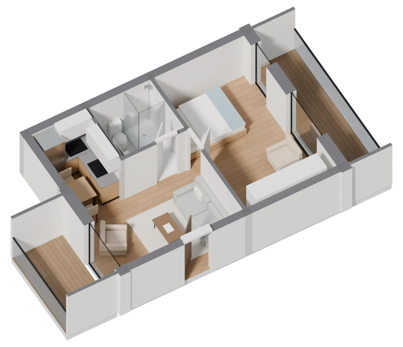 3D plan of a 1+1 apartment: living room with kitchen, bedroom, bathroom and loggia
