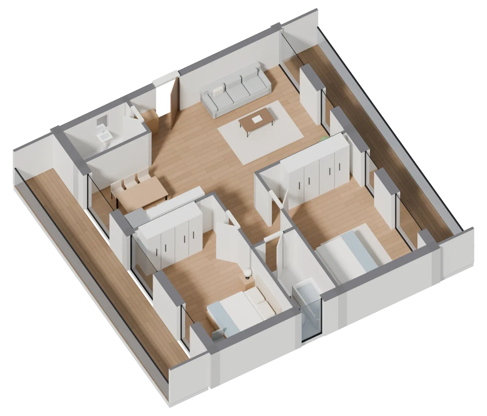 3D plan of a 2+1 apartment of 84 m² with a bathroom, a separate WC and a loggia