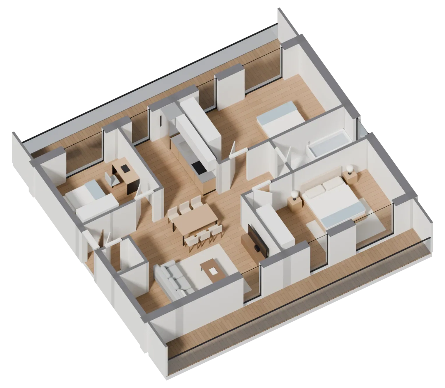 3D plan of a 3+1 family apartment with three bedrooms